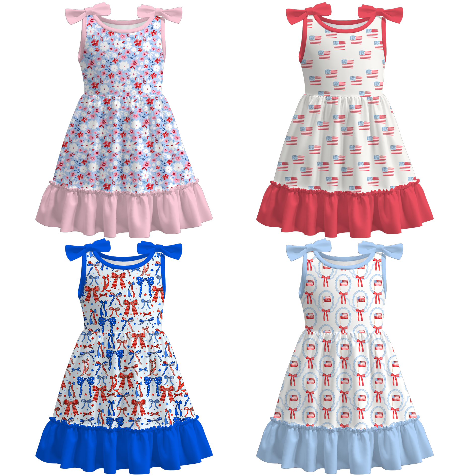 （Pre Order）Girls Patriotic Bow Print Dress