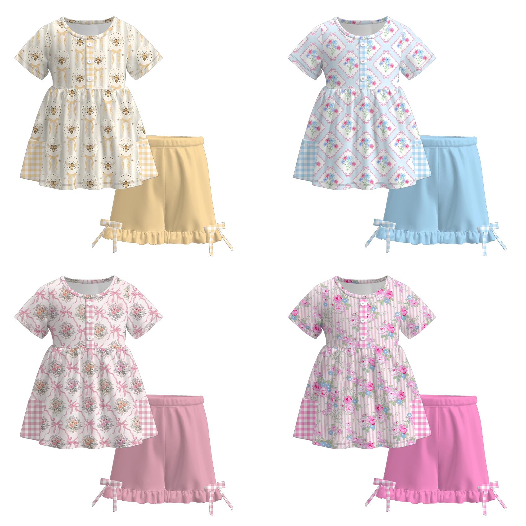 （Pre Order）Girls Easter Bunny Print Shorts Set with Pockets