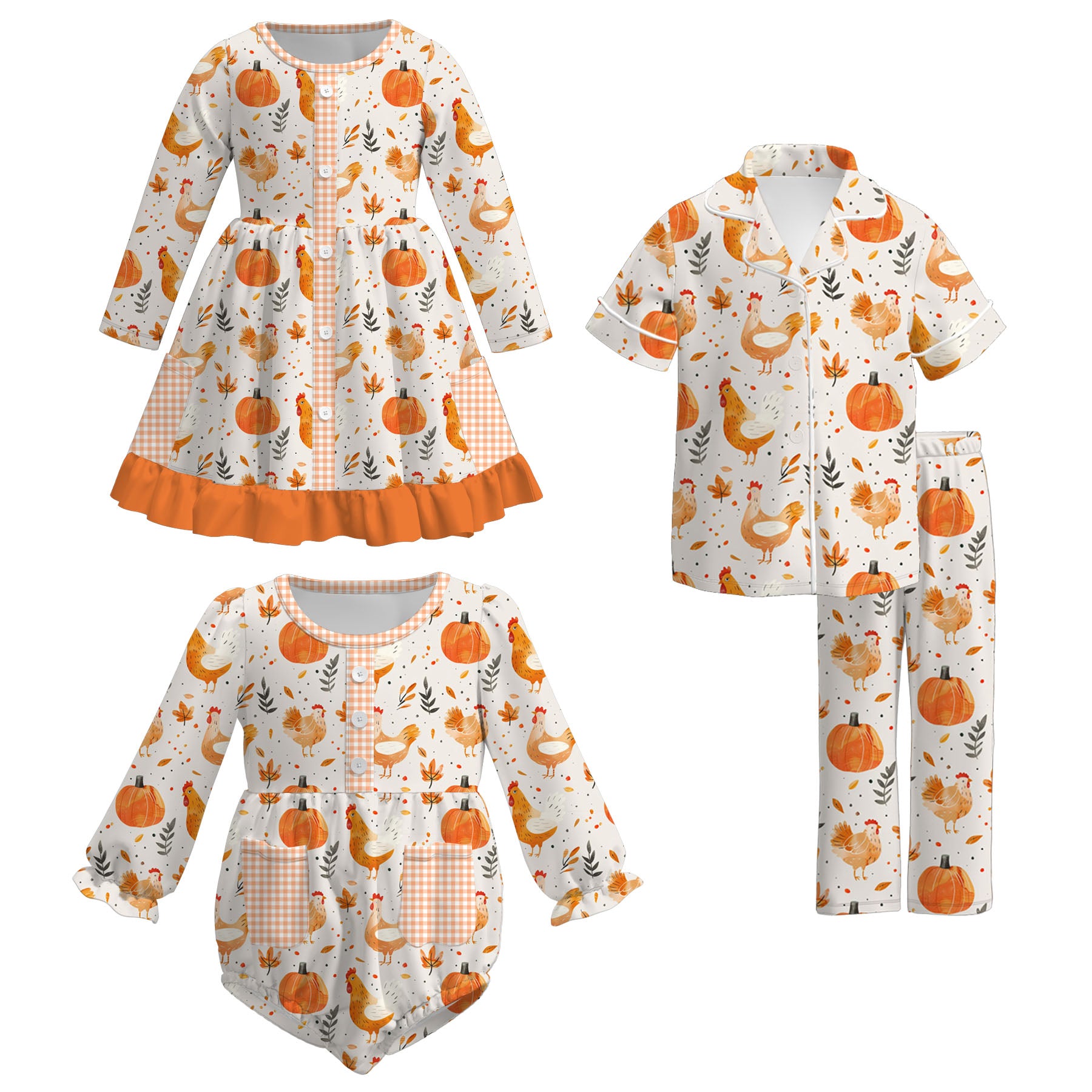 （Pre Order）Family Fall Chick&Pumpkin Print Dress,Pajamas,Romper