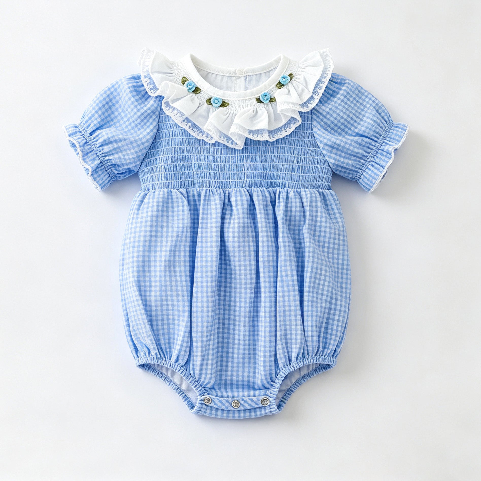 （In Stock）Toddler Girls Fall Smocked Blue Plaid Cotton Romper