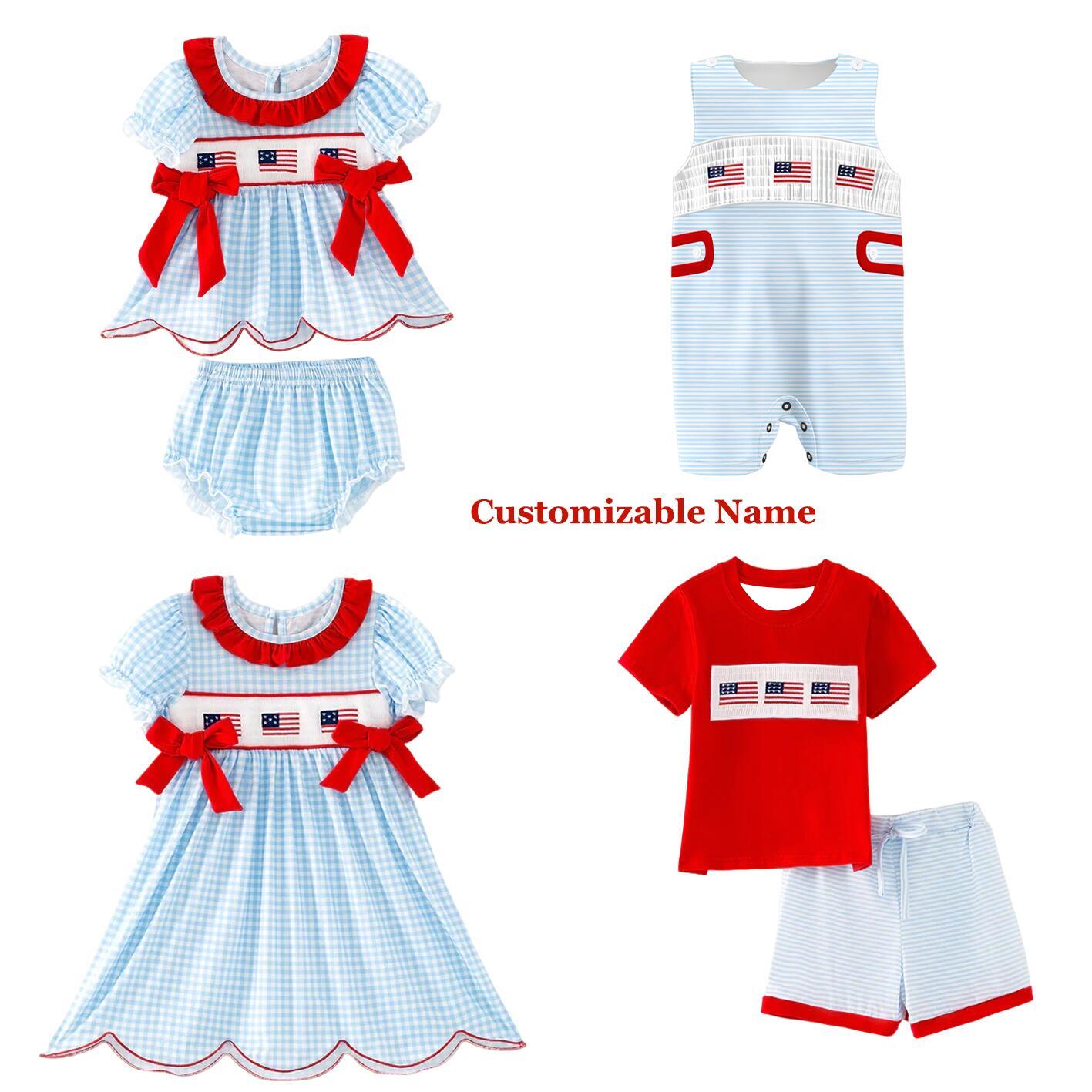 （Pre Order,Prepack Zone）Family Patriotic Embroidery Smocked Dress,Set&Romper（Mix Size）