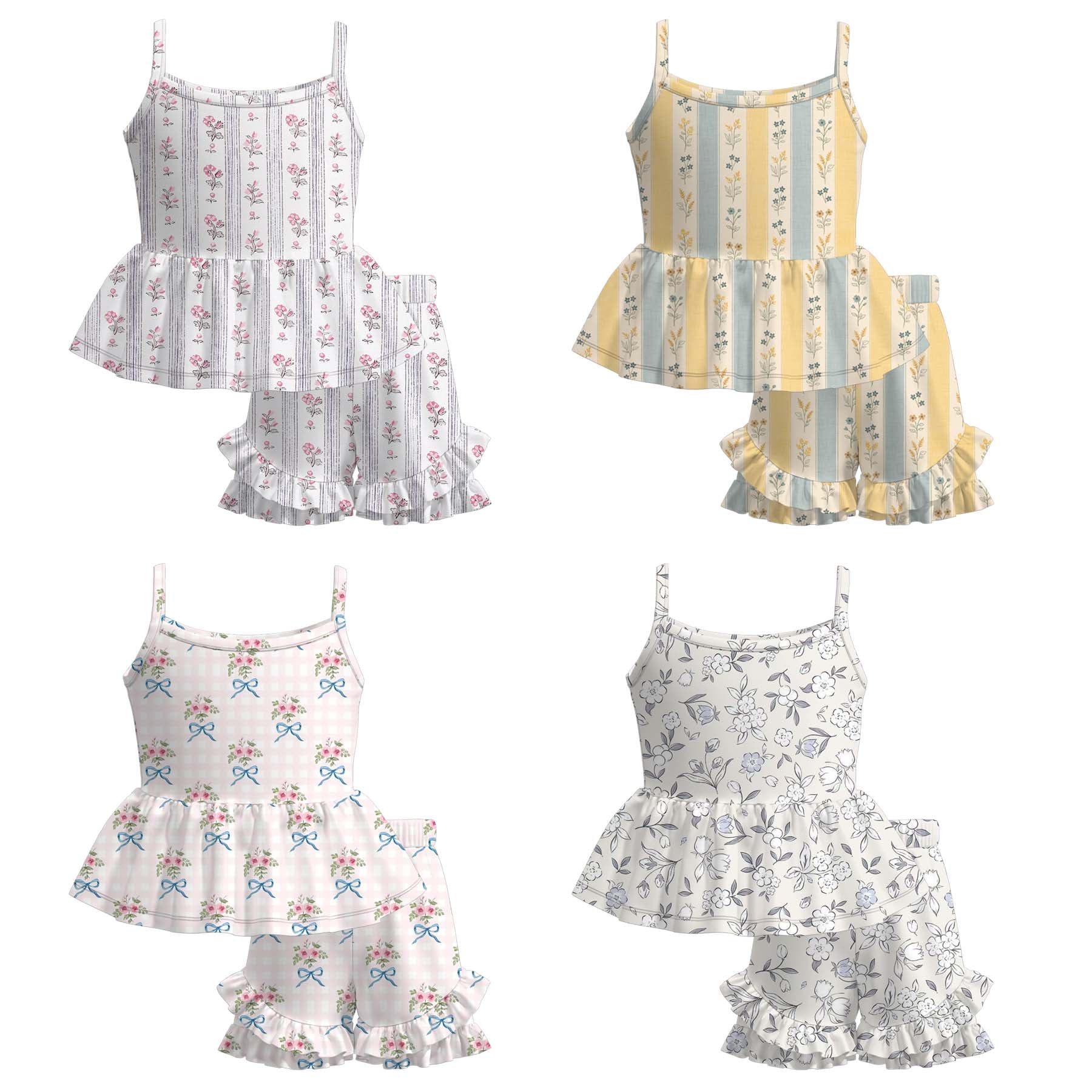 （Pre Order）Girls Spring&Summer Floral Print Ruffle Shorts Set