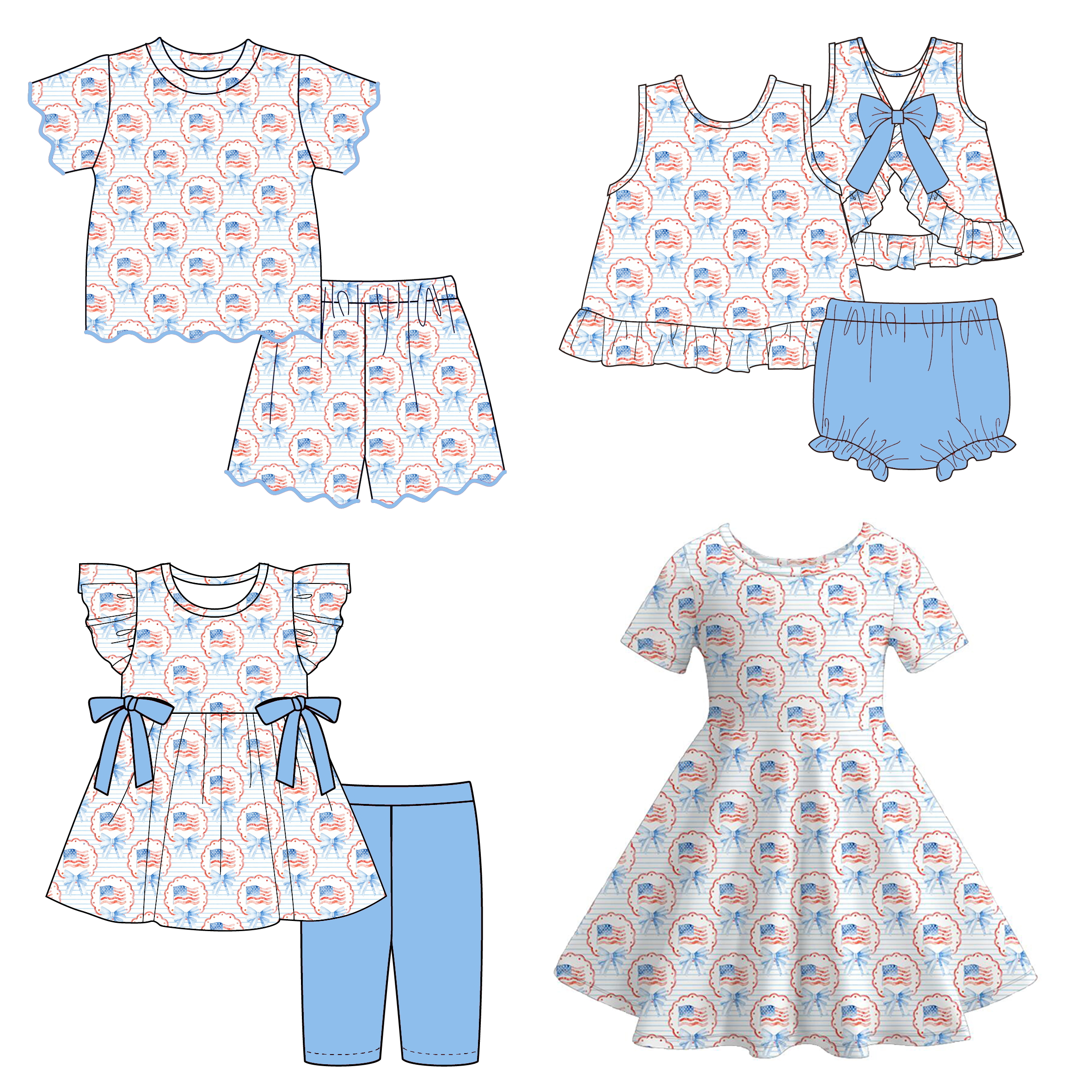 （Pre Order）Family Summer Patriotic Print Dress,Set&Romper