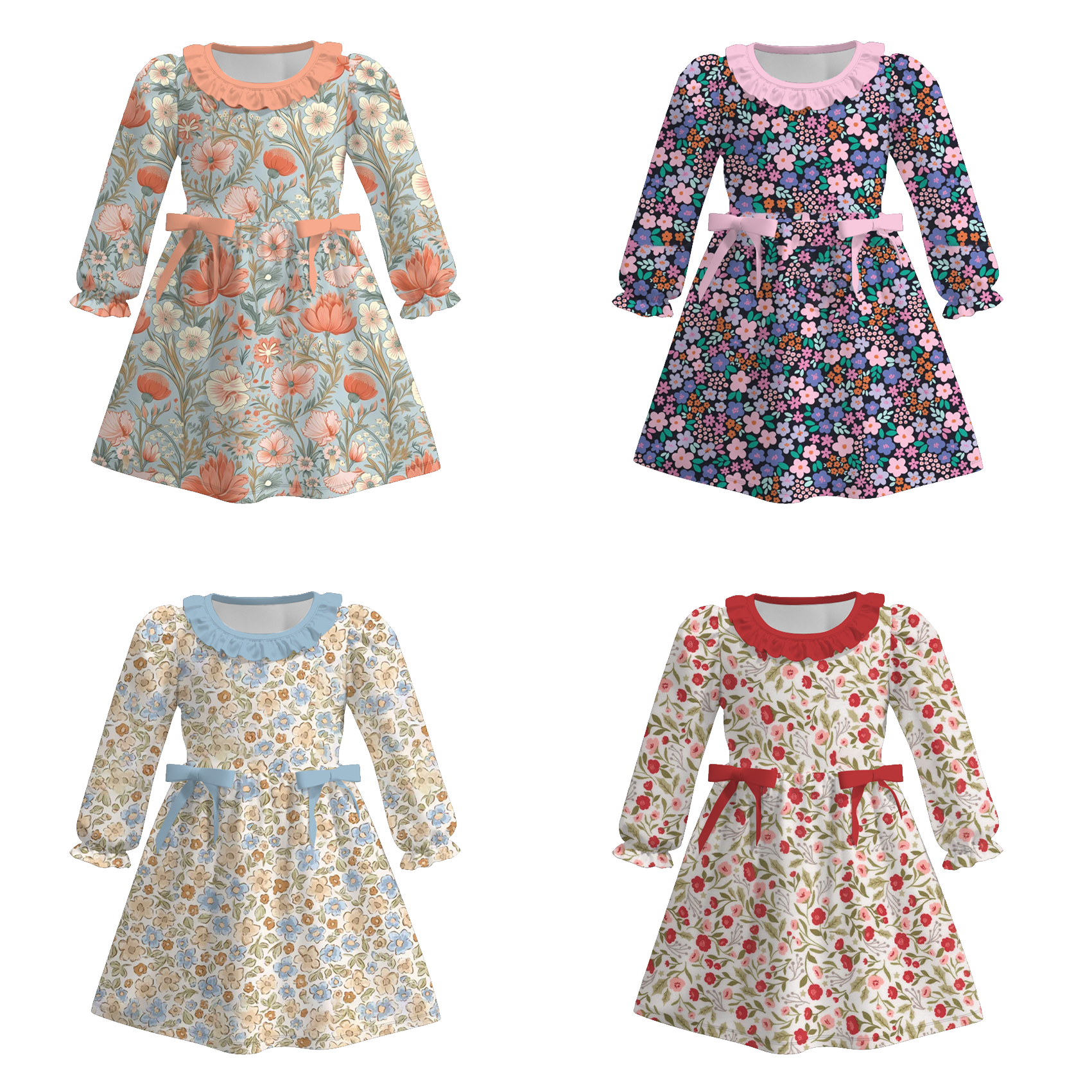 （Pre Order）Girls Fall&Winter Floral Print Ruffle Dress