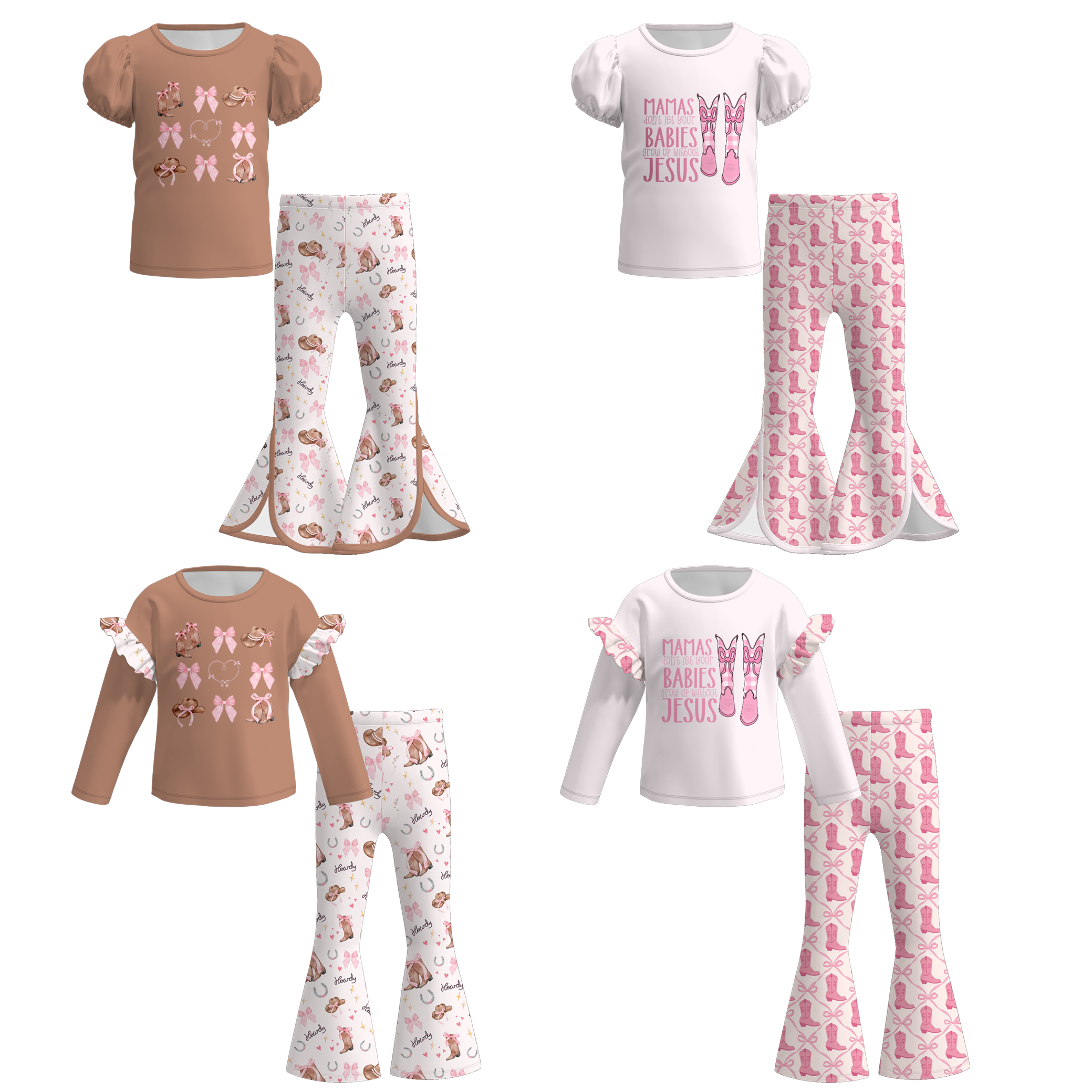 （Pre Order）Girls Fall Bow&Boots Print Outfit Set