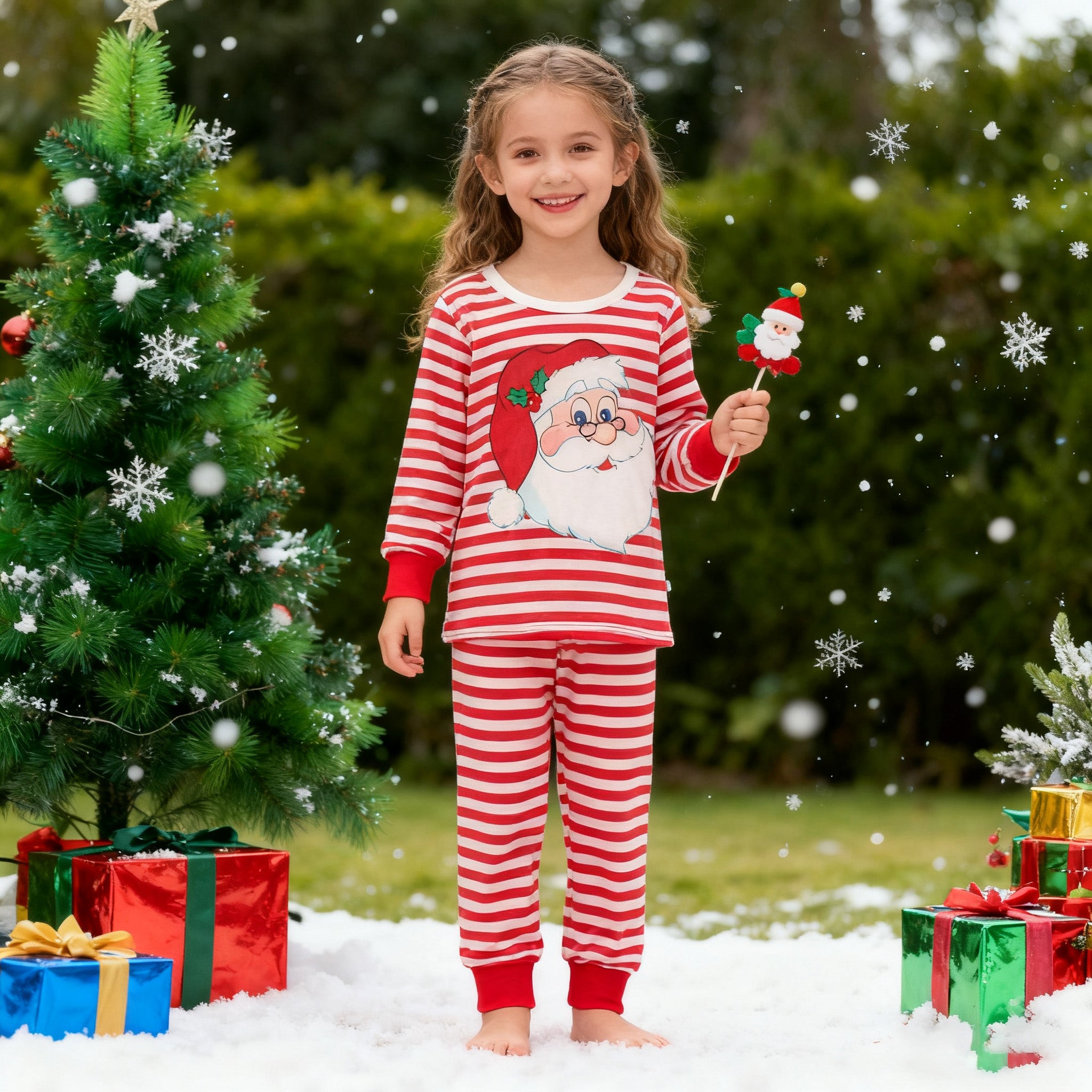（In Stock）Girls Christmas Santa Claus Print Pajamas 3 pcs