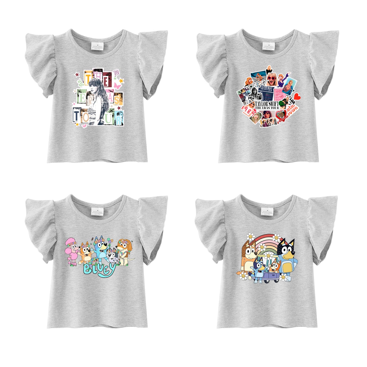（Pre Order）Girls Cartoon Print Grey Cotton Ruffles Top