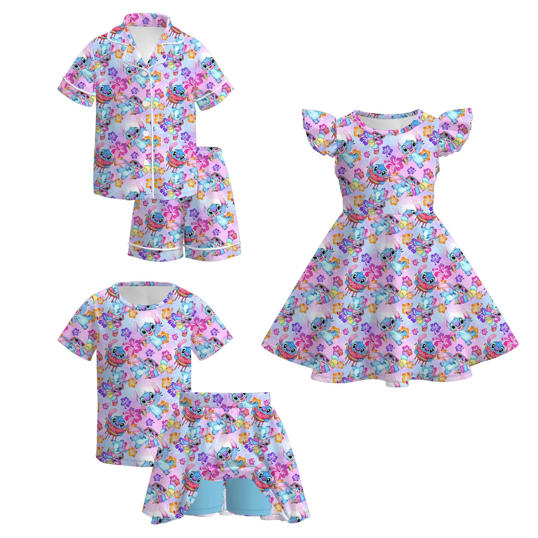 （Pre Order+Prepack Zone）Girls Spring&Summer Cartoon Print Dress,Set&Pajamas