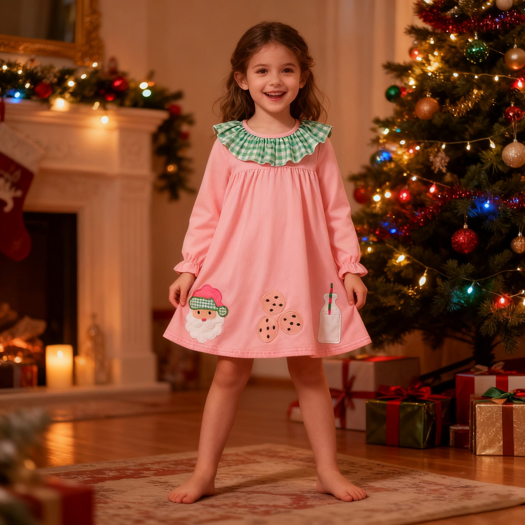 （In Stock）Girls Christmas Applique Dress