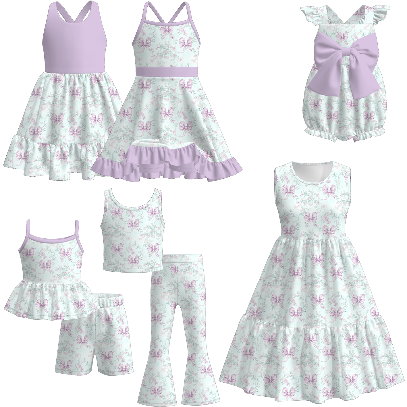 （Pre Order）Family Spring&Summer Bow Print Dress,Set&Romper