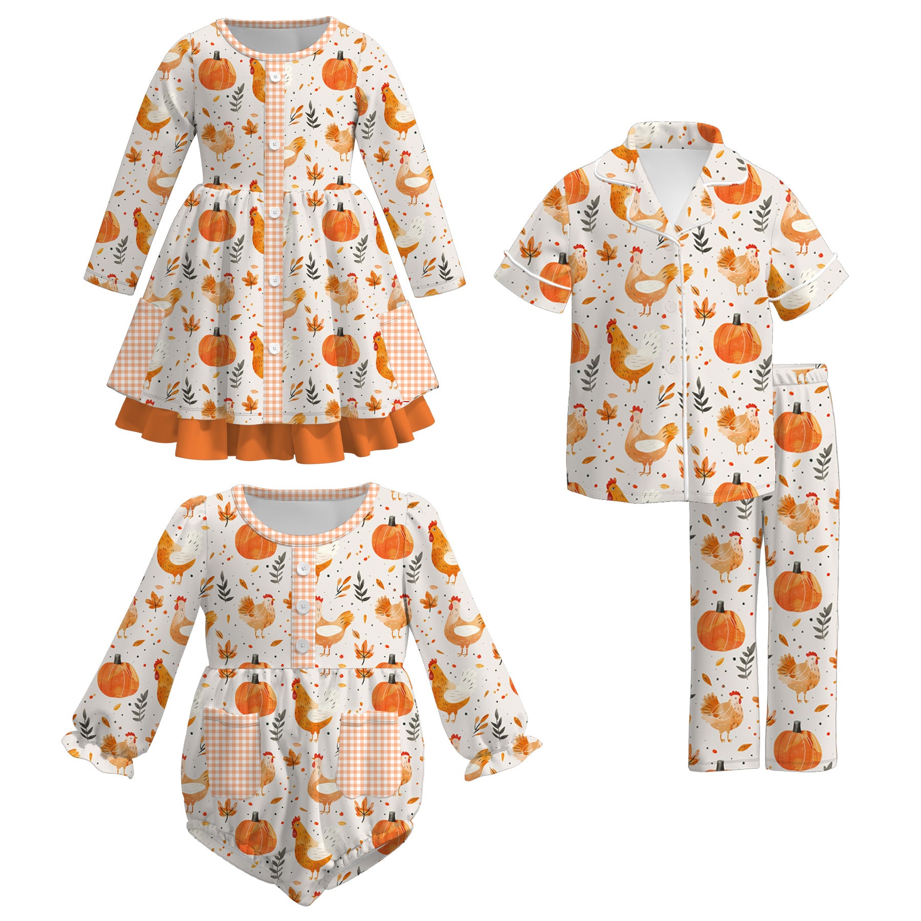（Pre Order）Family Fall Chick&Pumpkin Print Dress,Pajamas,Romper