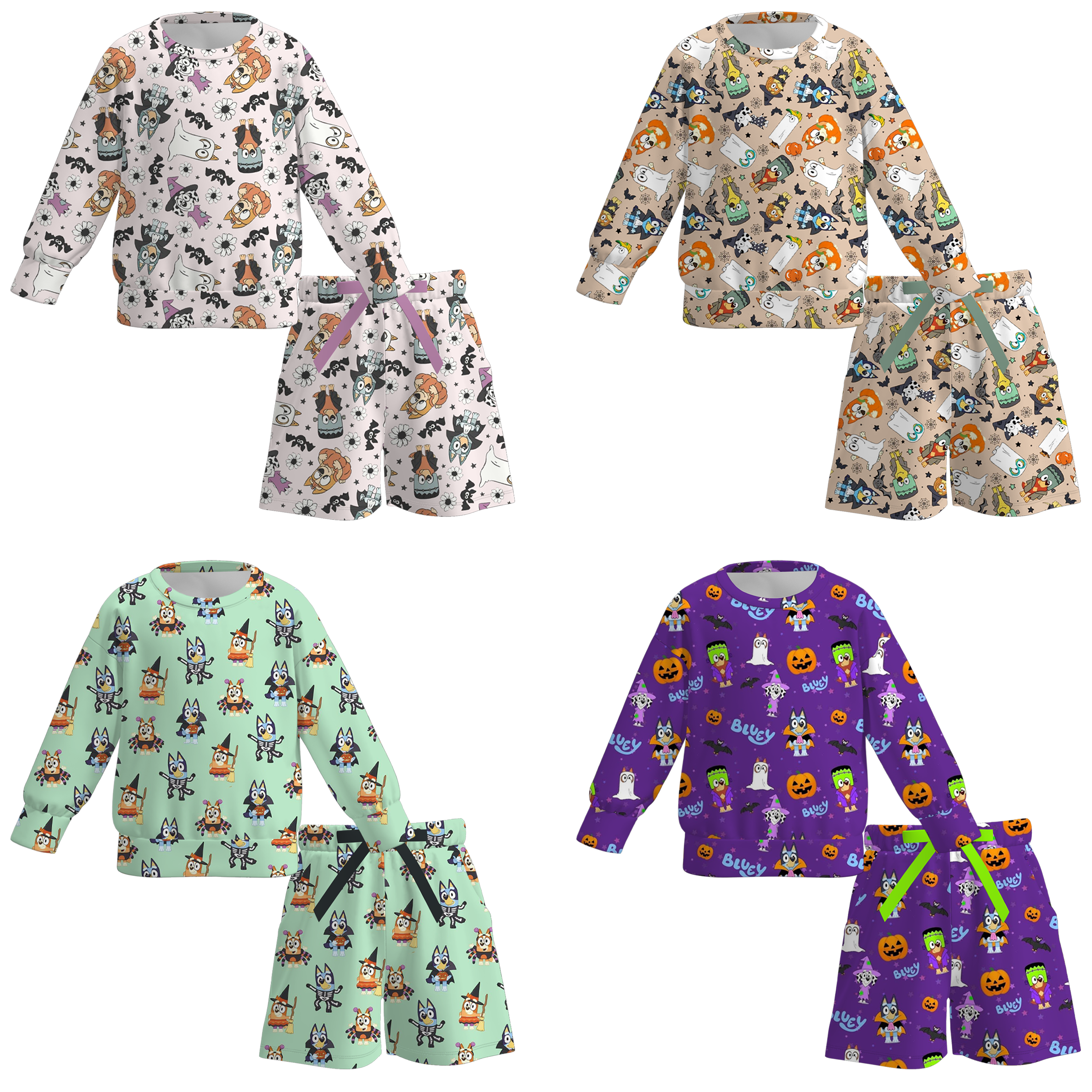 （Pre Order）Girls Halloween Cartoon Print Shorts Set with Pockets