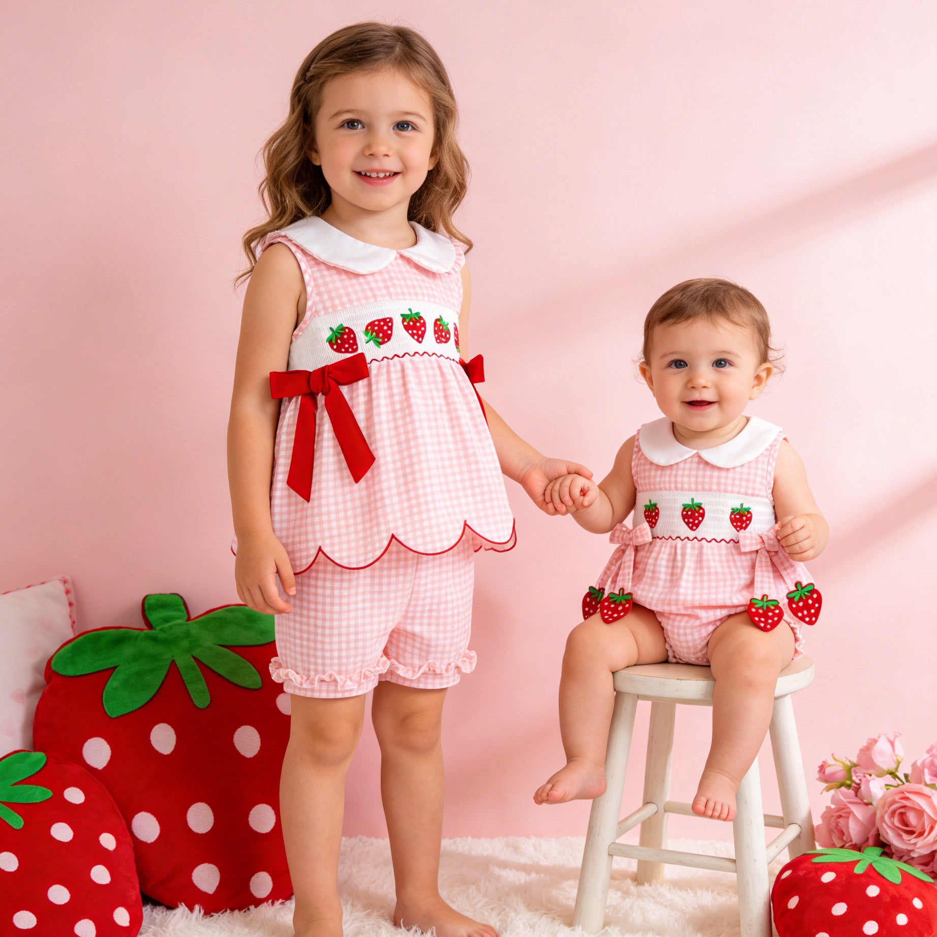 （In Stock）Girls Spring&Summer Strawberry Embroidery Smocked Set&Romper