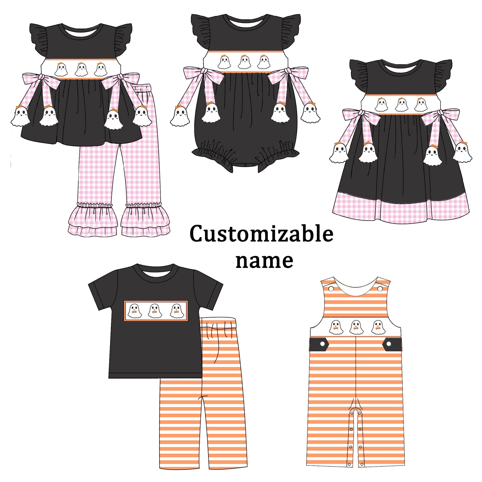 （Pre Order）Siblings Halloween Ghost Embroidery Smocked Dress,Set&Romper