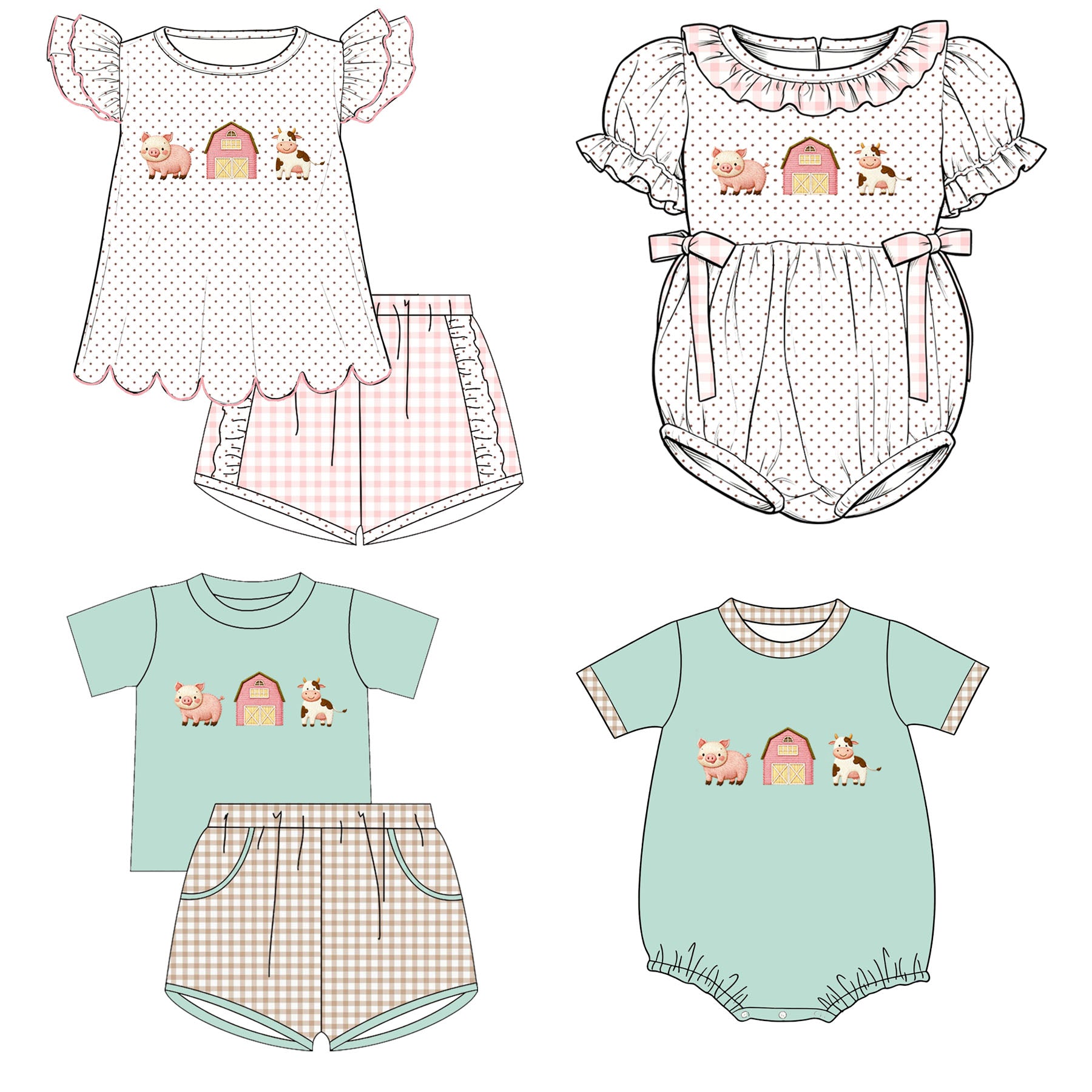 （Pre Order）Siblings Summer Farm Embroidery Dress,Set&Romper