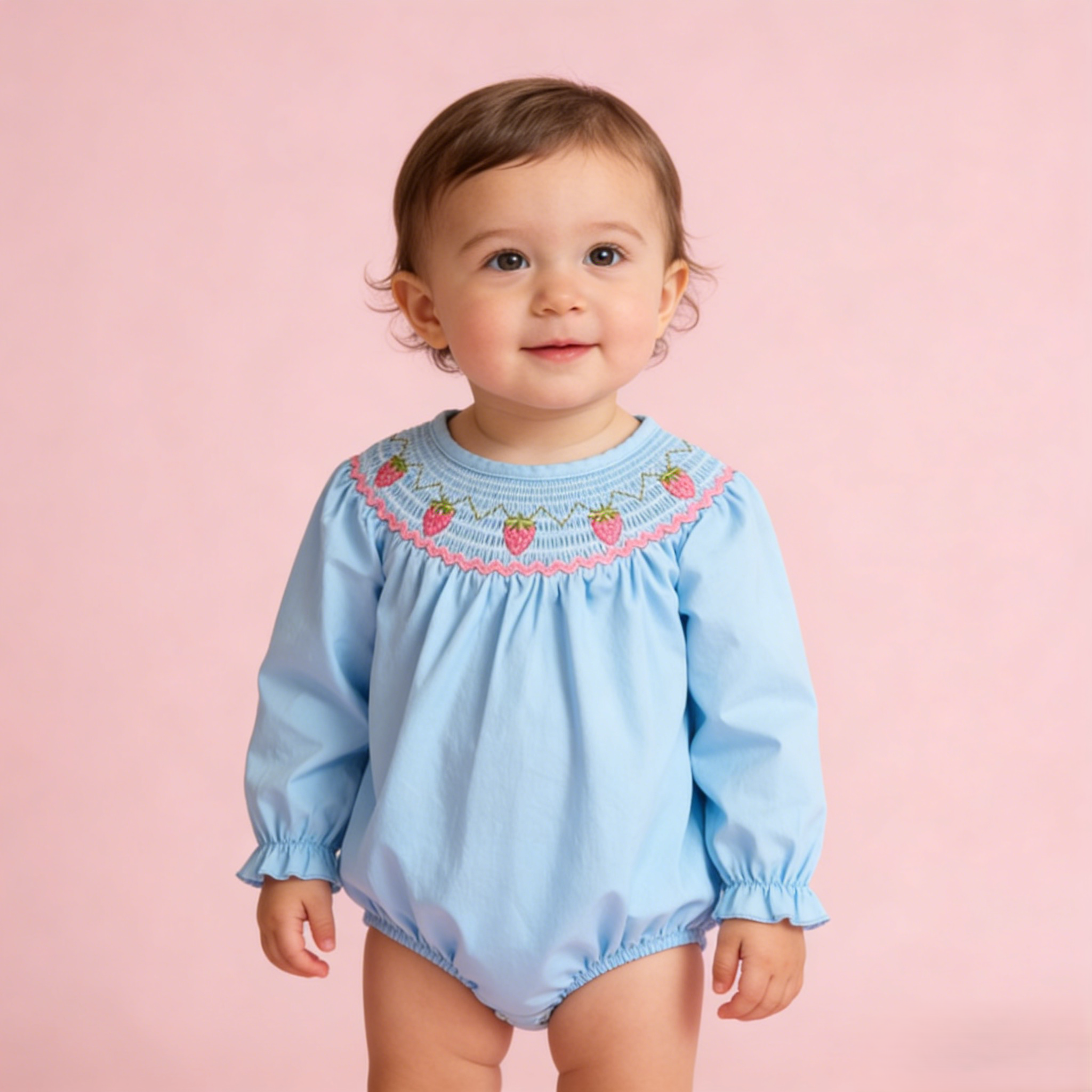 （In Stock）Baby Girls Spring Strawberry Embroidery Smocked Romper