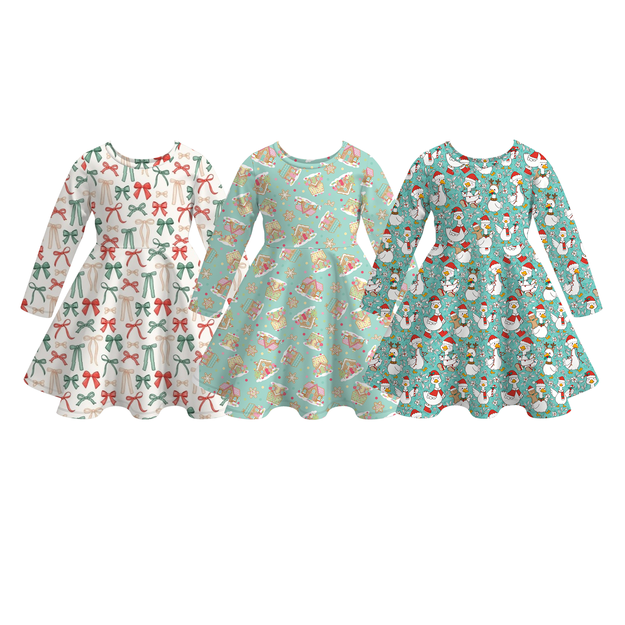 （Pre Order）Girls Christmas Bow Print Dress
