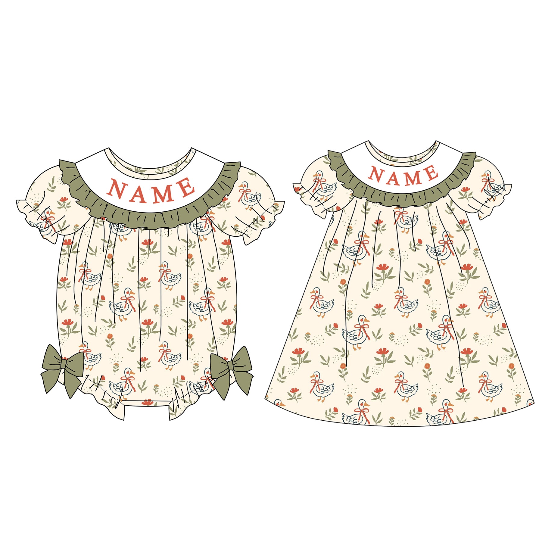 （Pre Order）Sisters Fall&Winter Goose Embroidery Smocked Dress&Romper
