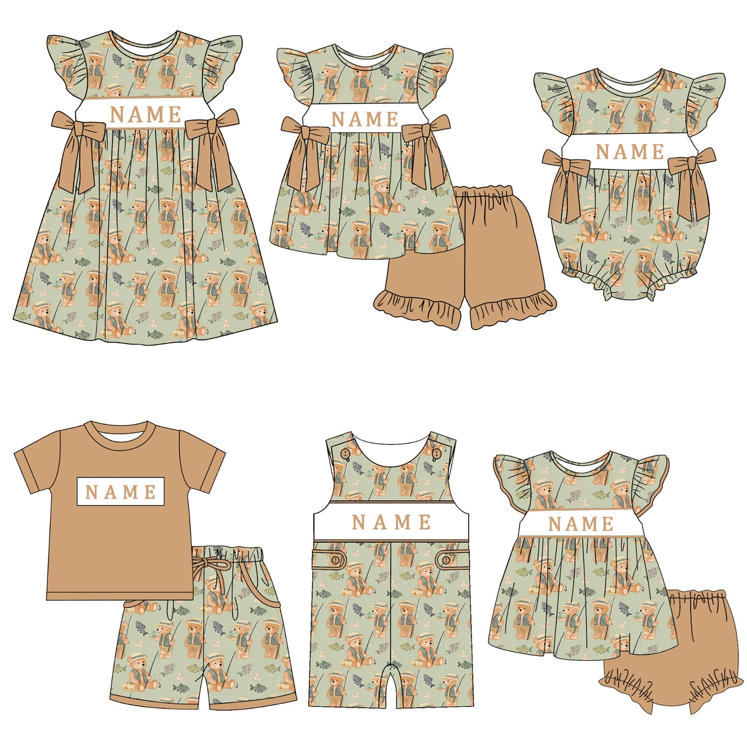 （Pre Order）Siblings Spring&Summer Bear Embroidery Smocked Dress,Set&Romper-Customized name