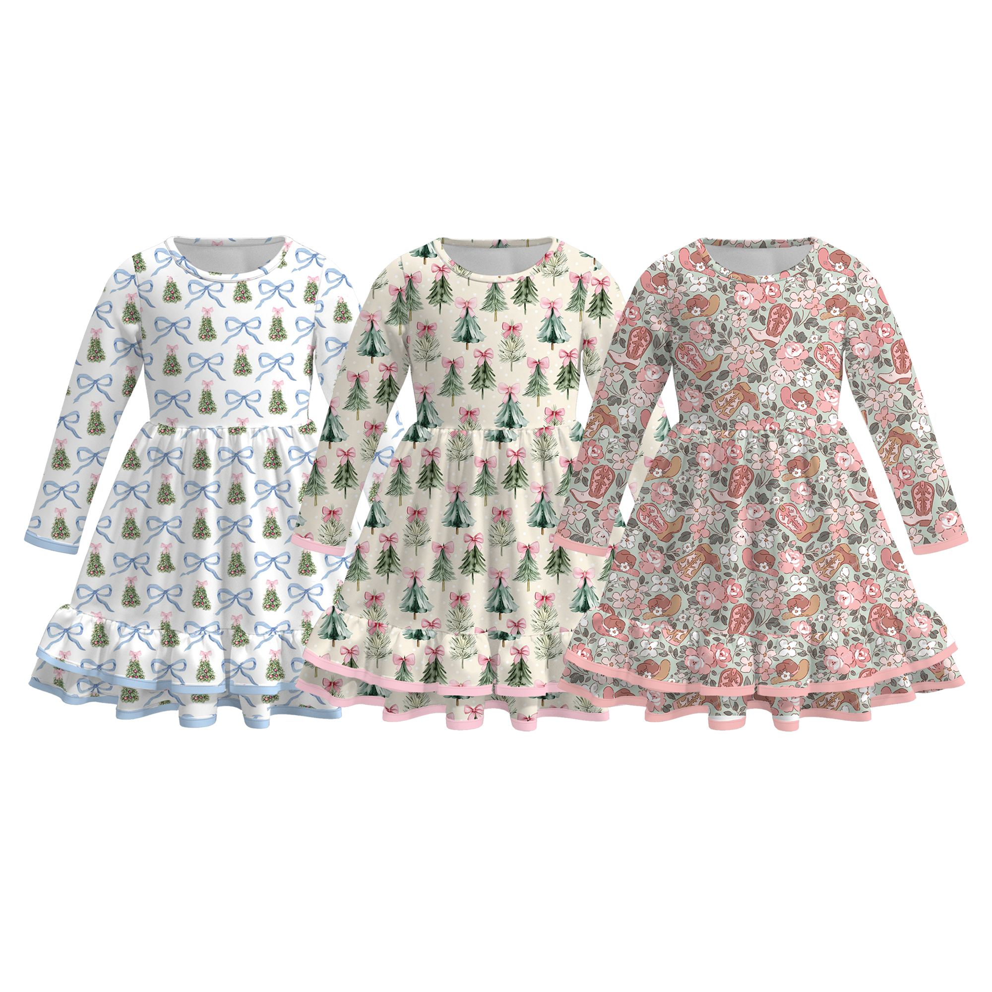 （Pre Order）Girls Christmas Print Ruffle Dress