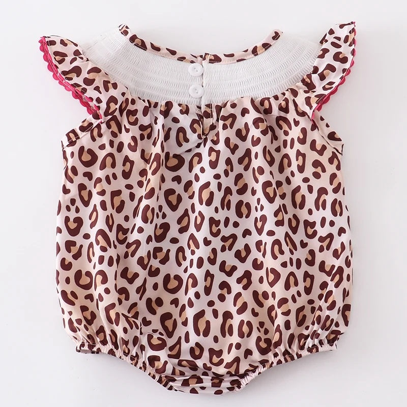 Leopard Embroidery Smocked Romper