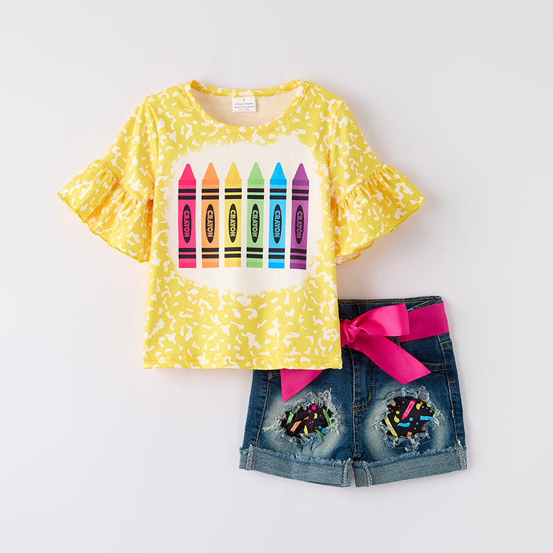 （In Stock）Girls Summer Back To School Print Denim Shorts Set
