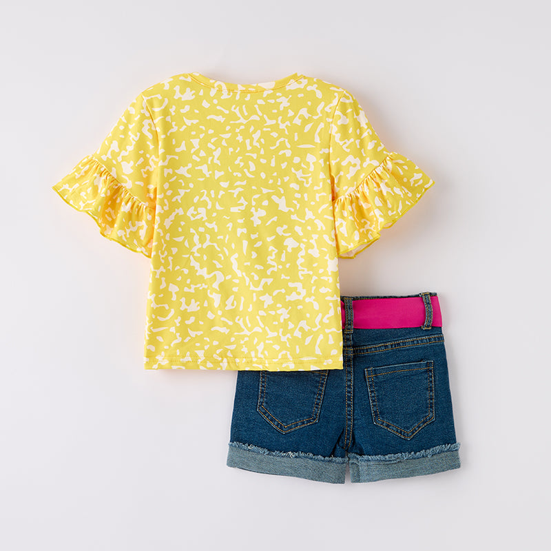 （In Stock）Girls Summer Back To School Print Denim Shorts Set
