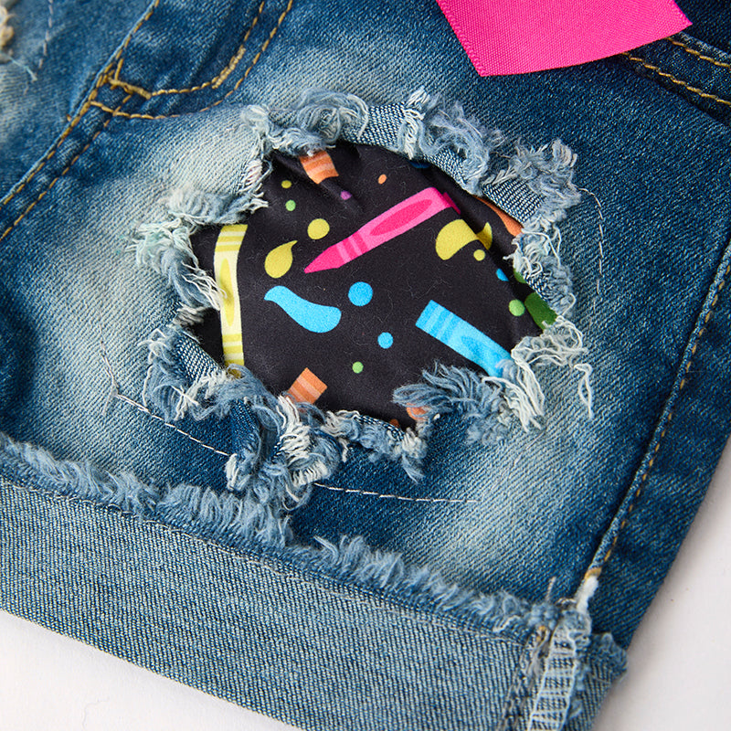 （In Stock）Girls Summer Back To School Print Denim Shorts Set