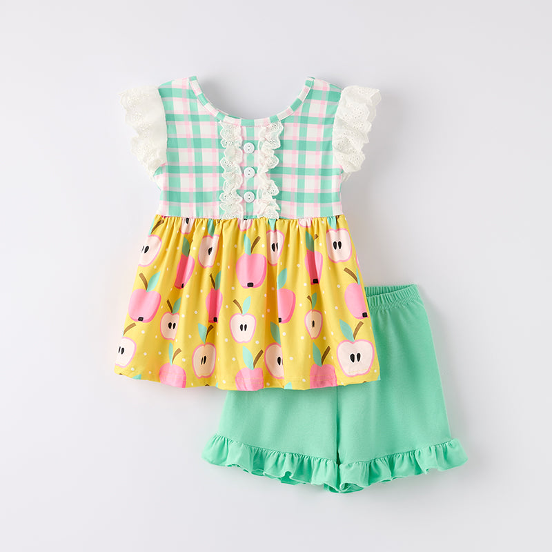 （In Stock）Girls Summer Back To School Print Shorts Set