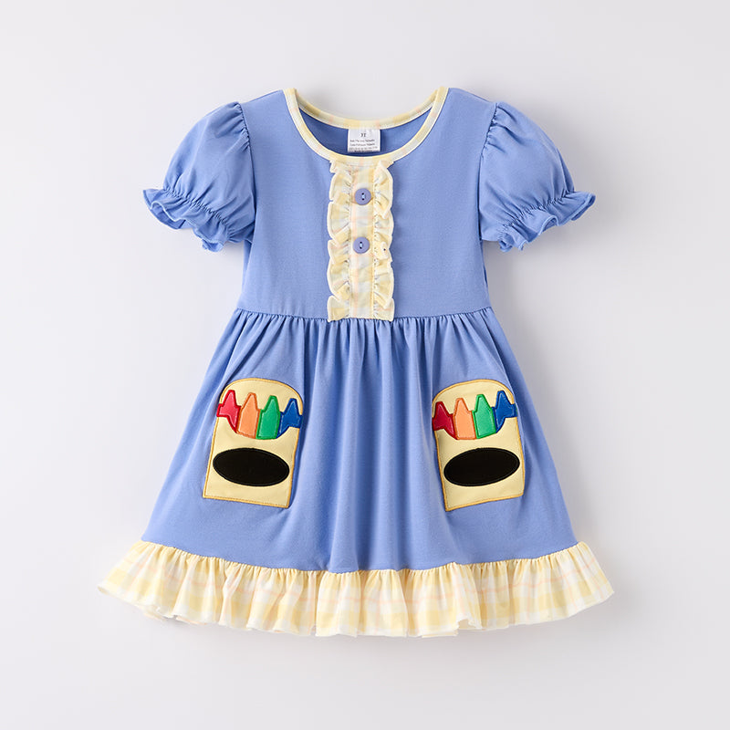（In Stock）Girls Summer Back To School Crayon Applique Dress