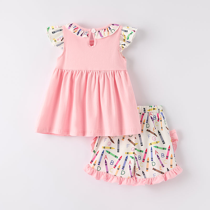 （In Stock）Girls Summer Back To School Crayon Embroidery Smocked Shorts Set