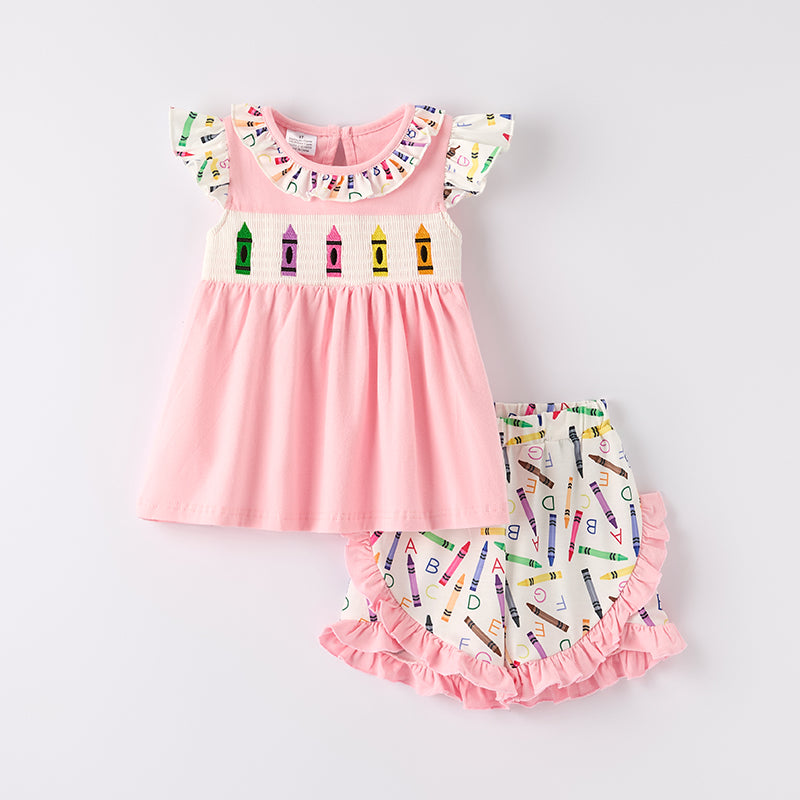 （In Stock）Girls Summer Back To School Crayon Embroidery Smocked Shorts Set