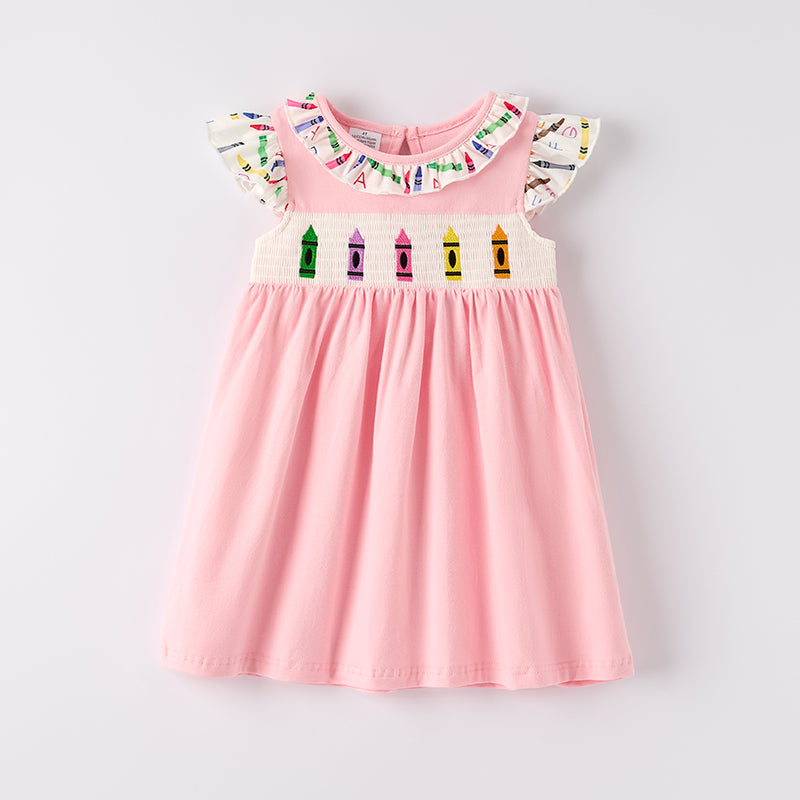 （In Stock）Girls Summer Back To School Crayon Embroidery Smocked Dress