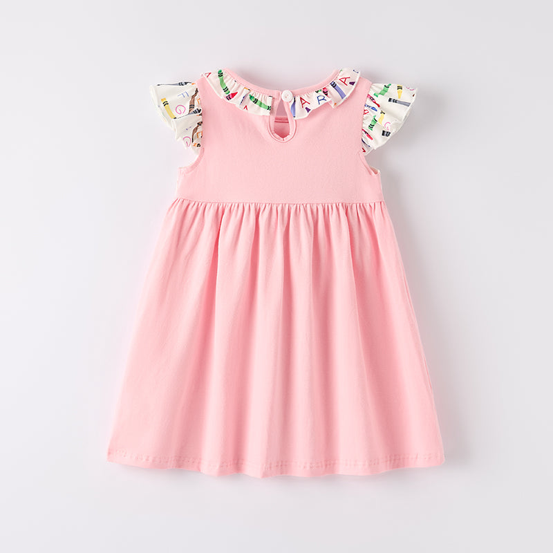 （In Stock）Girls Summer Back To School Crayon Embroidery Smocked Dress