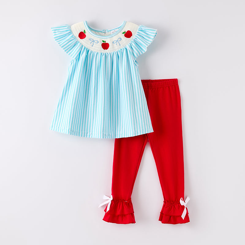 （In Stock）Girls Summer Back To School Embroidery Smocked Outfit Set