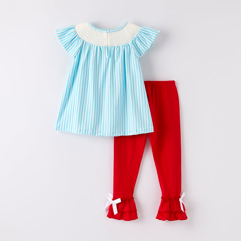 （In Stock）Girls Summer Back To School Embroidery Smocked Outfit Set