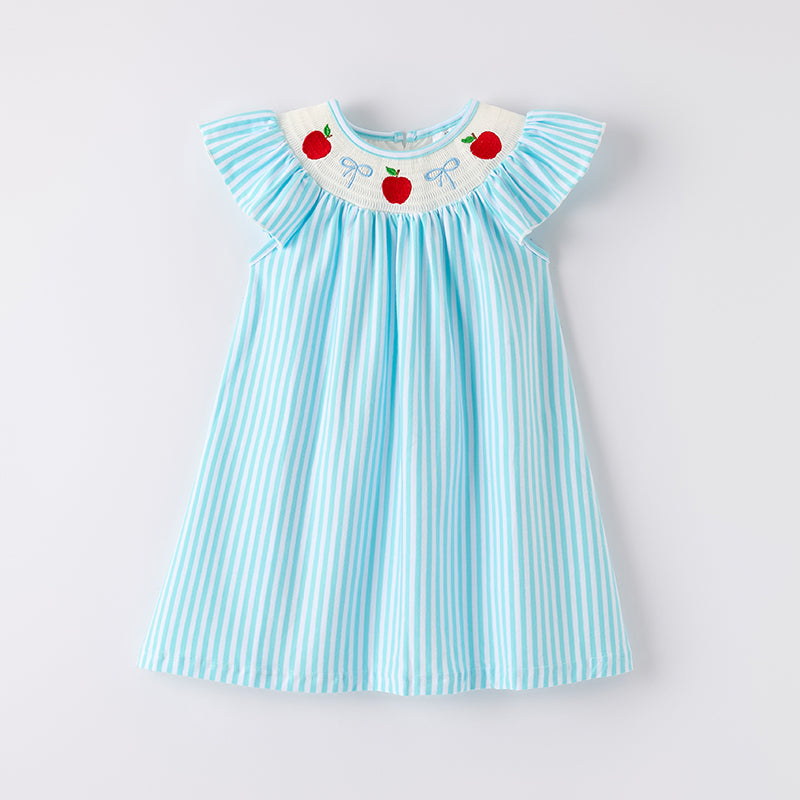 （In Stock）Girls Summer Back To School Embroidery Smocked Cotton Dress