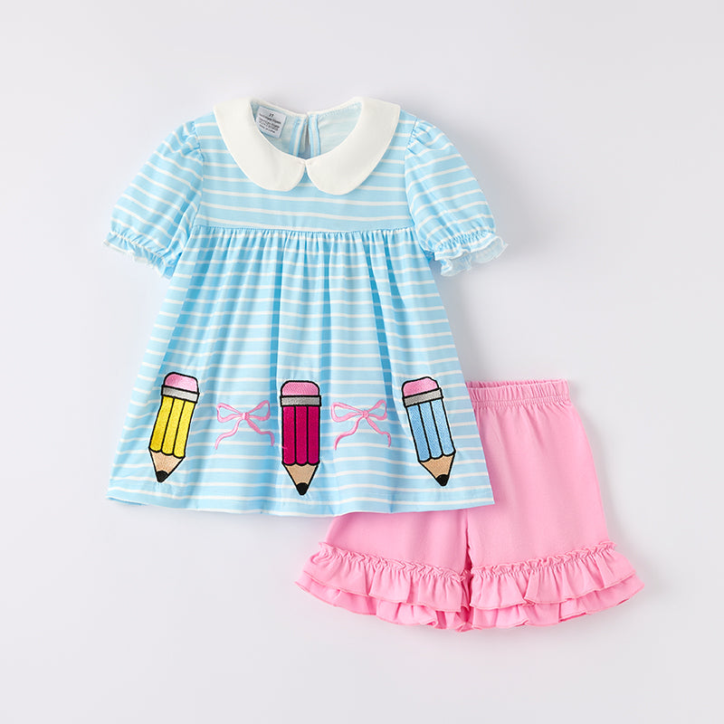 （In Stock）Girls Summer Back To School Pencil Embroidery Shorts Set