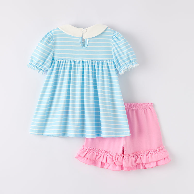 （In Stock）Girls Summer Back To School Pencil Embroidery Shorts Set