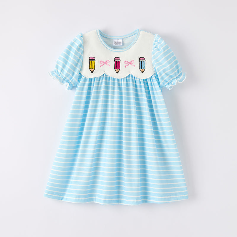 （In Stock）Girls Summer Back To School Pencil Embroidery Dress