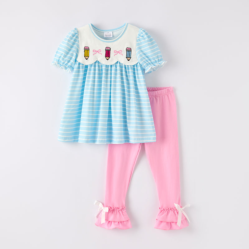 （In Stock）Girls Summer Back To School Pencil Embroidery Outfit Set