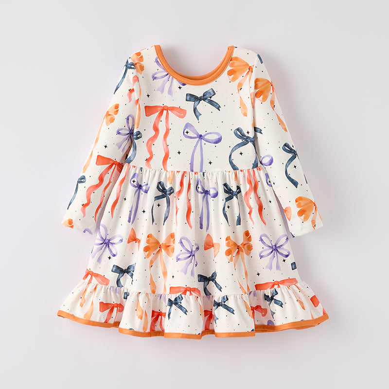 （In Stock）Girls Halloween Bow Print Dress