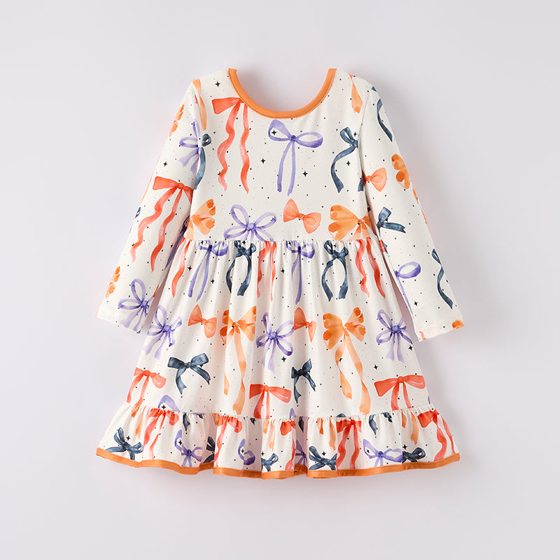 （In Stock）Girls Halloween Bow Print Dress