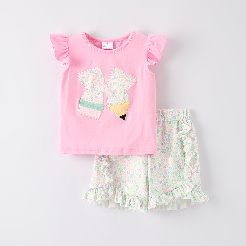 （In Stock）Girls Summer Back To School Pencil Applique Shorts Set
