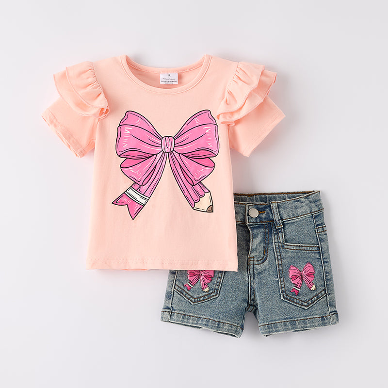 （In Stock）Girls Summer Back To School Pencil Print Denim Shorts Set