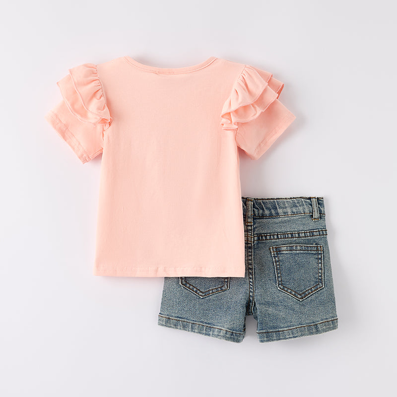 （In Stock）Girls Summer Back To School Pencil Print Denim Shorts Set