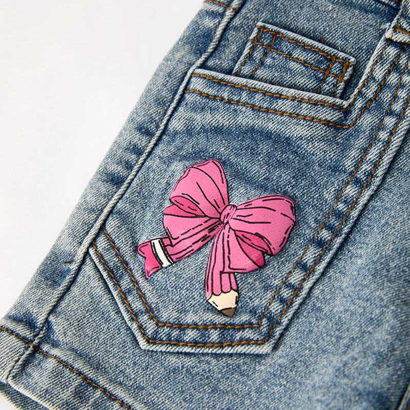 （In Stock）Girls Summer Back To School Pencil Print Denim Shorts Set