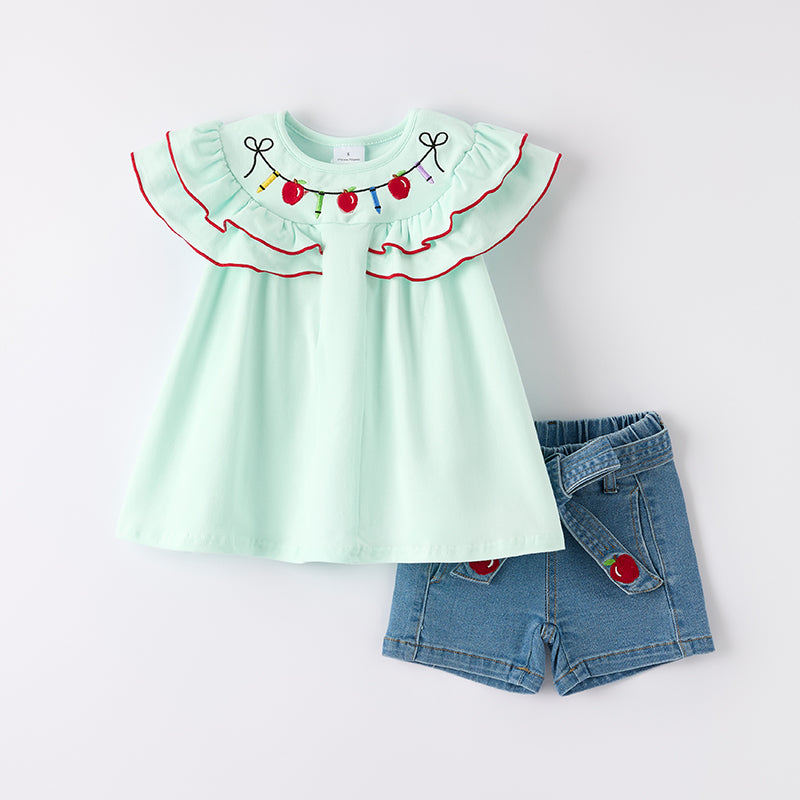 （In Stock）Girls Summer Back To School Apple Embroidery Denim Shorts Set