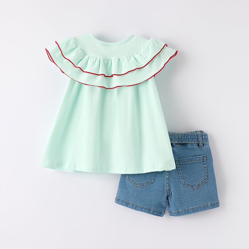 （In Stock）Girls Summer Back To School Apple Embroidery Denim Shorts Set