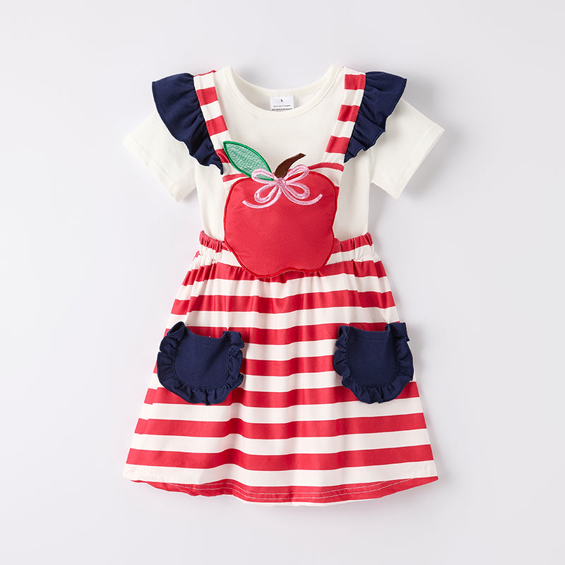 （In Stock）Girls Summer Back To School Apple Applique Dress